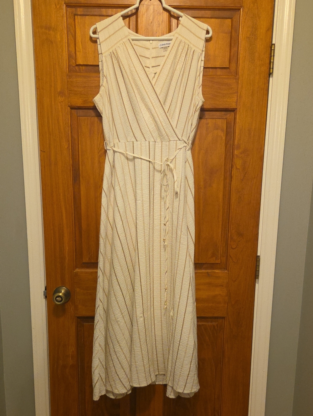Calvin Klein Cream And Gold Sleeveless Wrap Maxi with Tie Waist